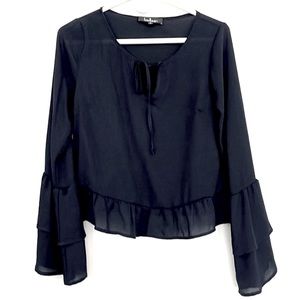 Lulu’s Navy Blue Ruffled Sleeves and Hem Blouse, Size Small
